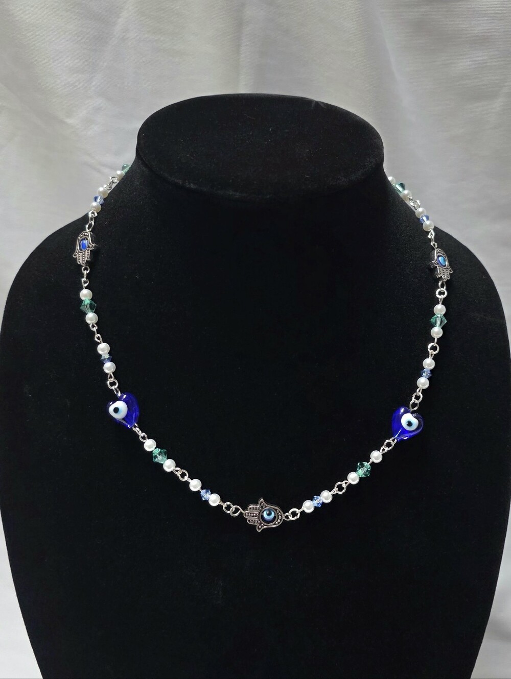 Evil Eye Hamsa Necklace, Blue Heart Charm, Beaded Chain Jewelry